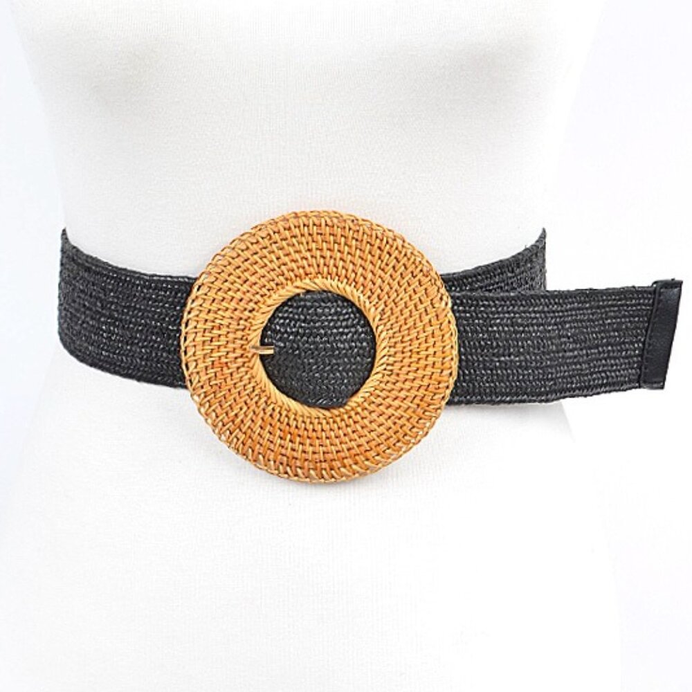 BNWT Brand New Bamboo Buckle Color Faux Straw Elastic Fashion Belt
